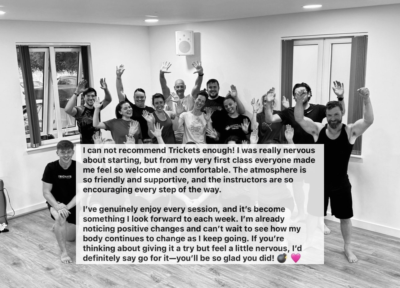 A screenshot review from one of Jess's kettlebell class members, shared alongside a group photo from Tricketts Kettlebell Training